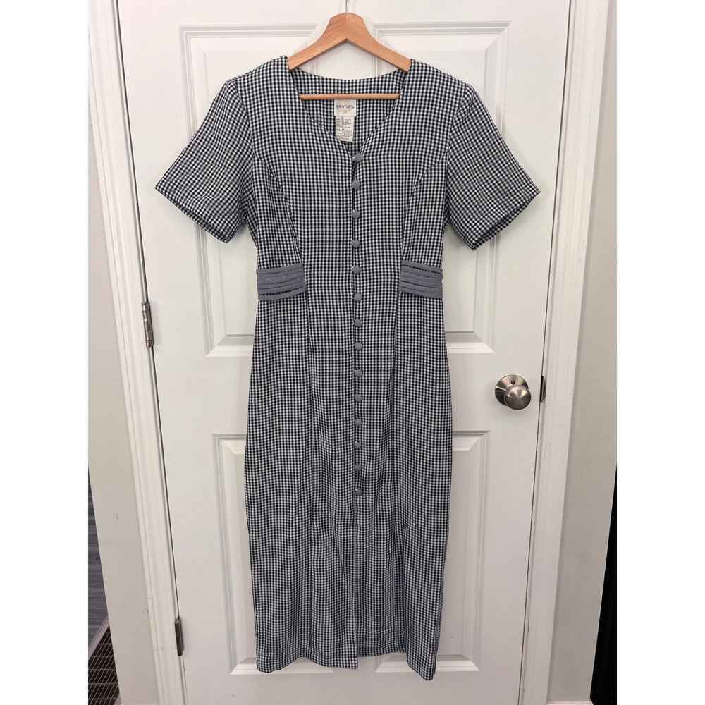 Bentley Inc Vintage Gingham Button Front Midi Dress Navy White Blue Womens 12